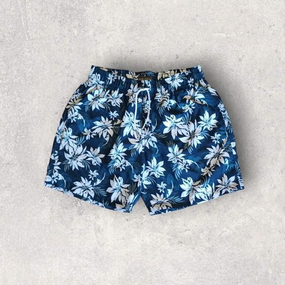 Boys Swim Trunks Hawiian  Blue Floral w/ Mesh Lining Size M Slate & Stone‎ - Picture 1 of 4